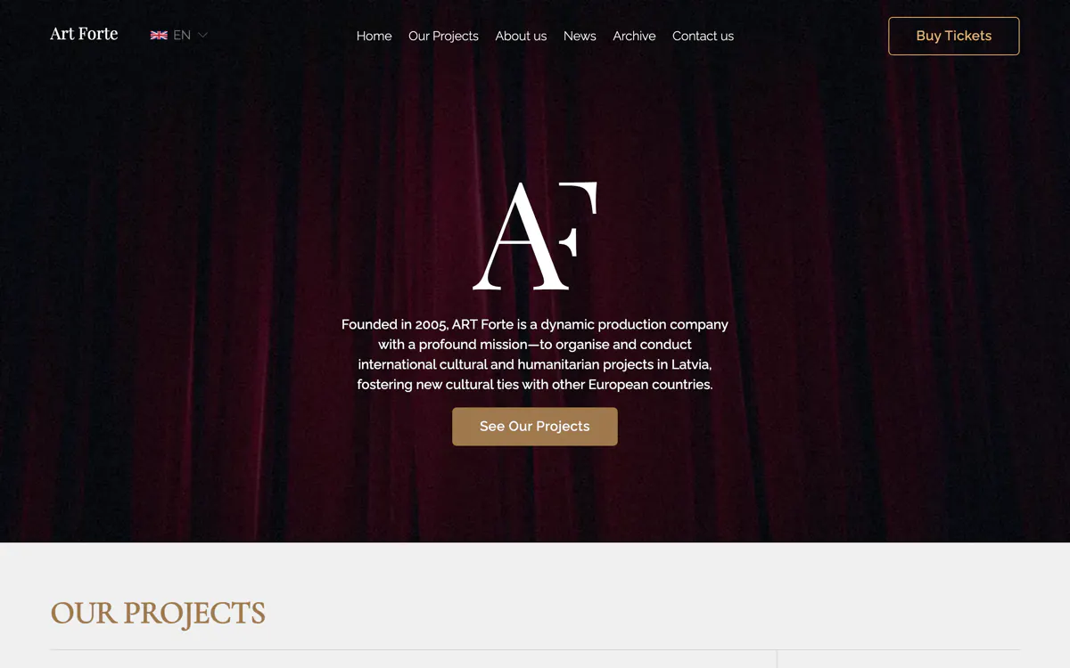 The ArtForte home page — cultural event platform
