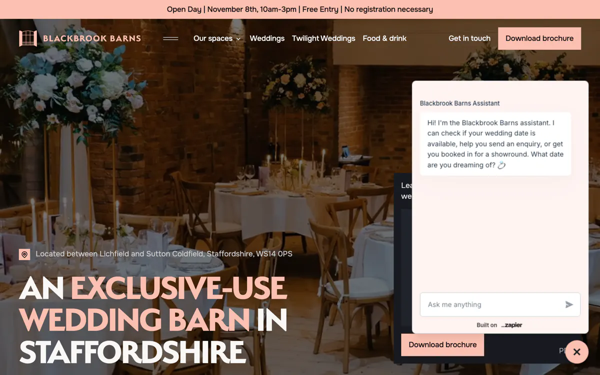 The Blackbrook Barns home page with the venue’s AI assistant open