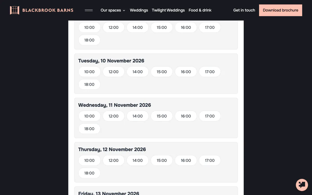 The visit booking agenda with available times on the Blackbrook Barns site